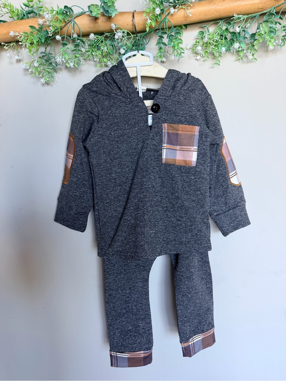 18 month Toddler Heather Charcoal Hoodie & Pant Set with Brown Plaid Accents
